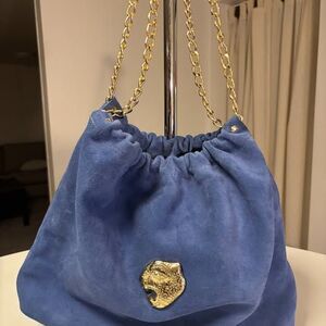 Periwinkle/cornflower blue suede bohemain/luxury bag w/ gold chain & leopard